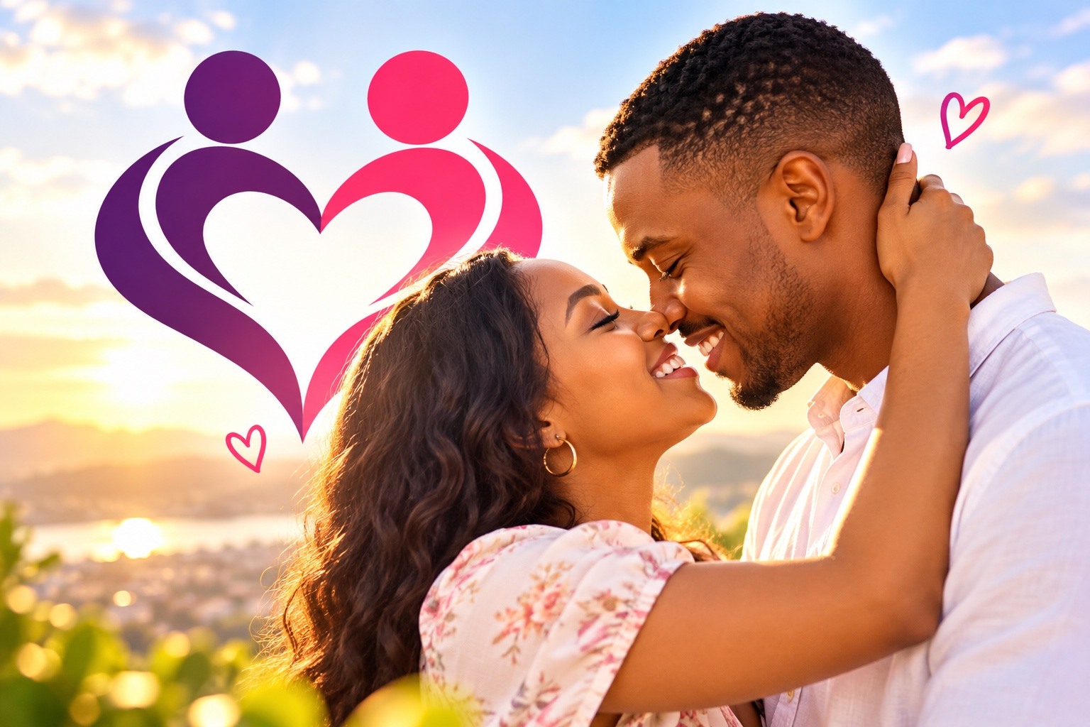 PezaniWanu purple and pink heart symbol alongside a smiling couple embracing at sunset